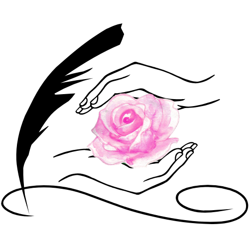 Circondate da una penna piuma ed il suo tratto, due mani proteggono una rosa, simbolo di poesia.