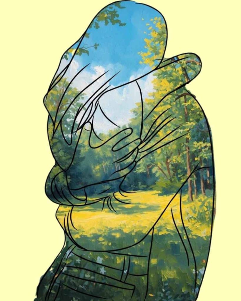 E' il disegno di due innamorati che si abbracciano e dentro di loro l'immagine di una radura assolata nel bosco. Essere innamorati.